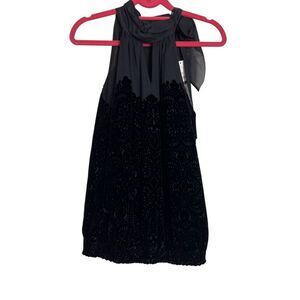 White House Black Market Blouse Womens Small Black Pleated Velvet Tie Neck NWT